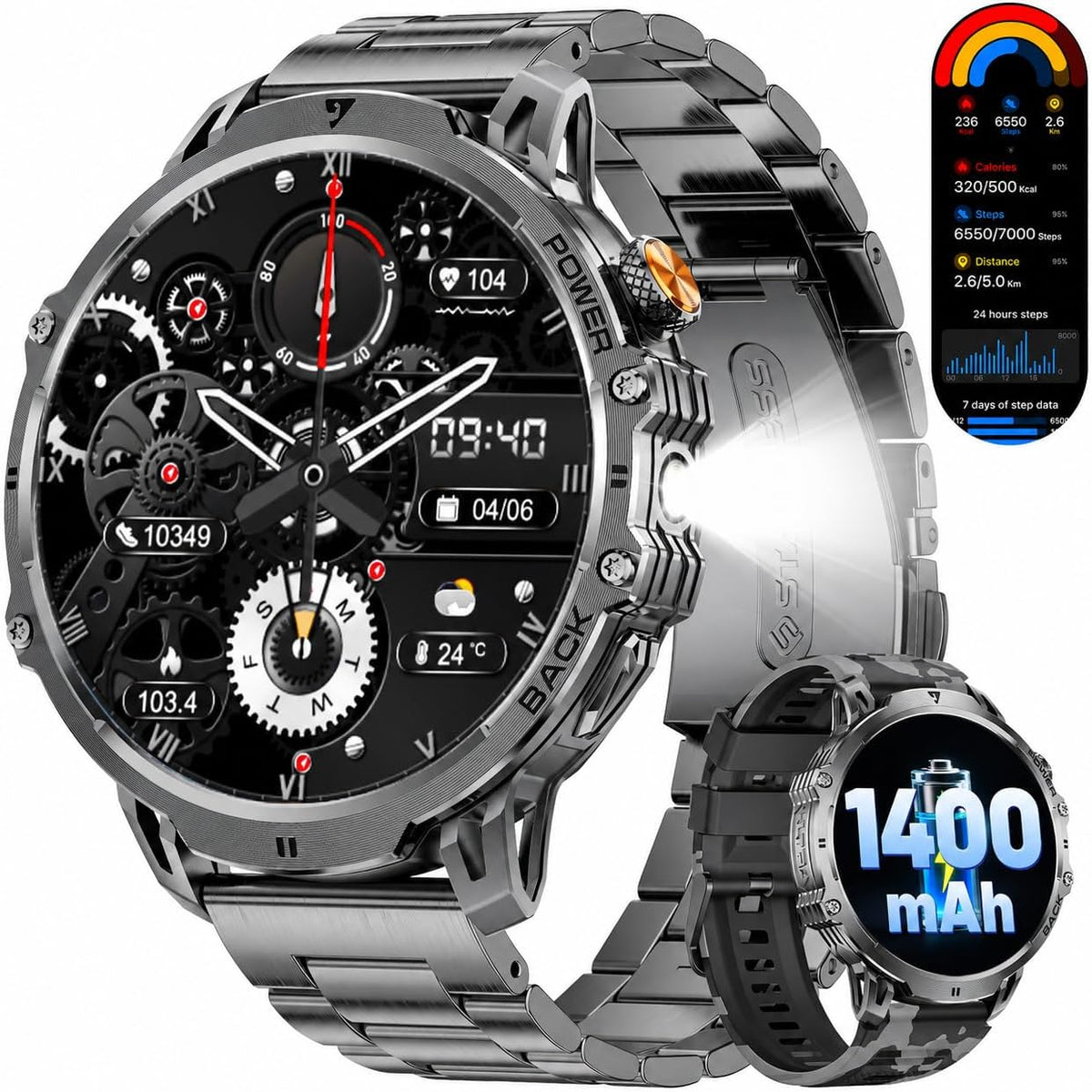 LIGE Relojes inteligentes militares para hombre (2 bandas), reloj inteligente de pantalla grande HD de 1000 mAh/1.85 pulgadas, linterna/más de 110 modos deportivos/monitor de sueño, reloj de