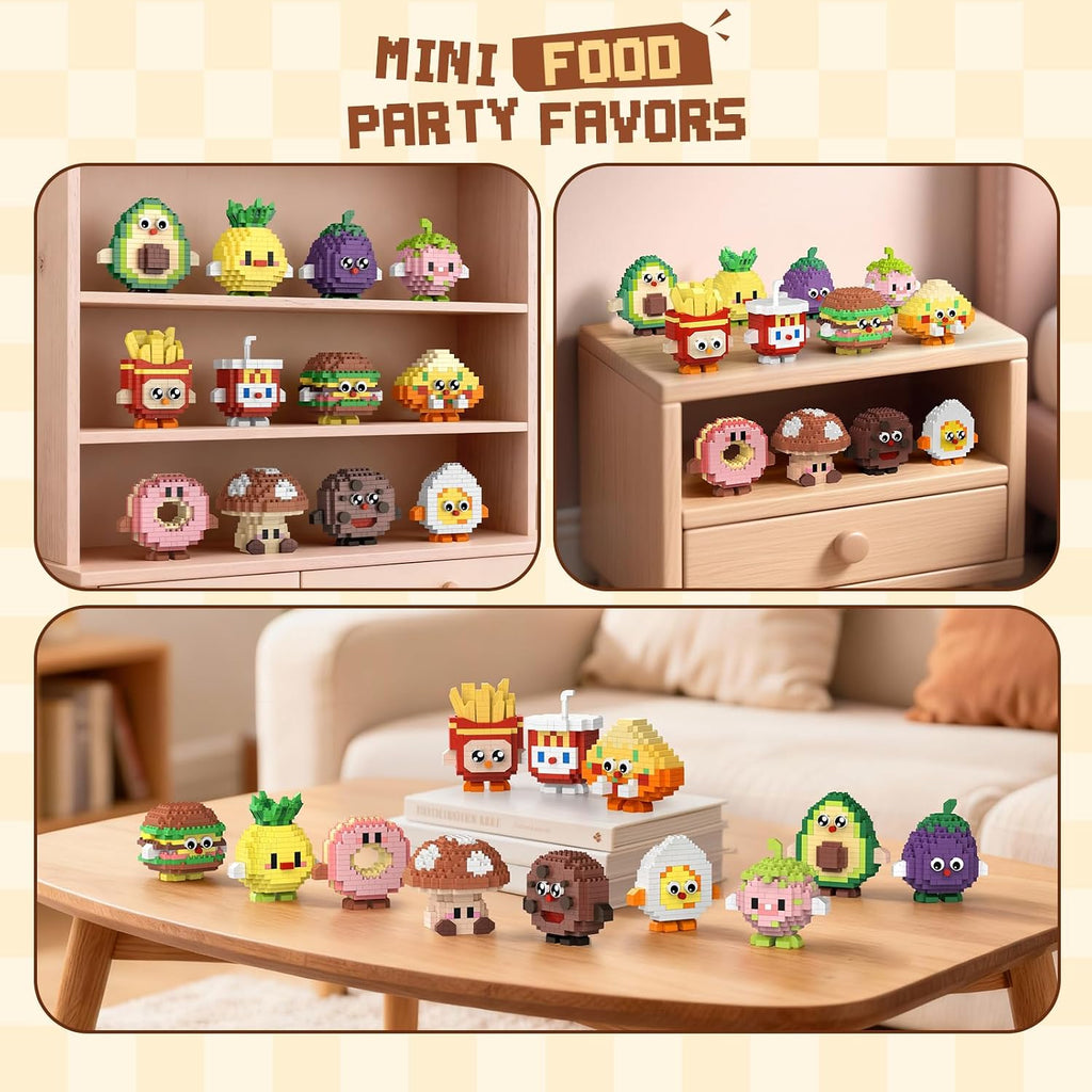 HIGH GODO Paquete de 12 juegos de construcción de recuerdos de fiesta de alimentos, mini juegos de bloques de construcción de alimentos, bolsas de regalo, estilo caja ciega para aula, juguetes de premios pequeños, regalos para adultos y adolescentes a