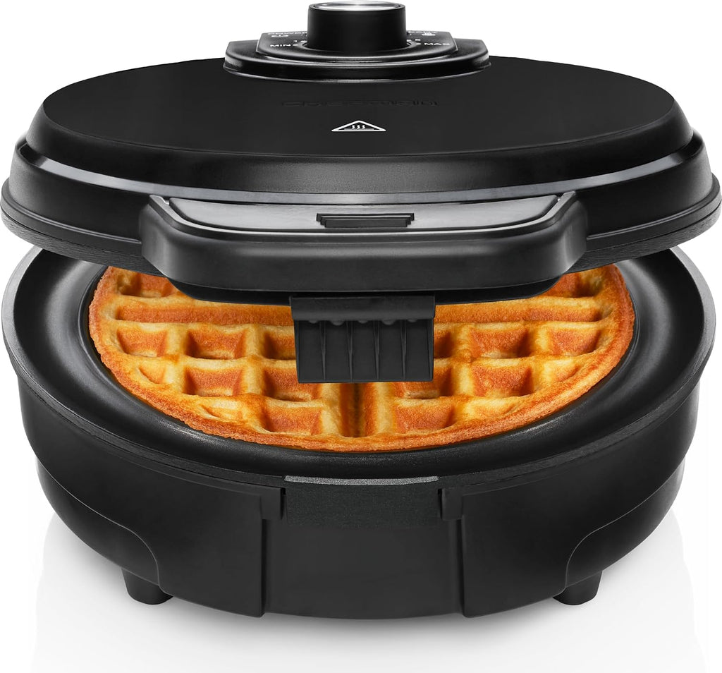 Chefman - Máquina para hacer waffles belgas antidesbordamiento con selector de tono, control de temperatura, foso sin ensuciar, plancha redonda de hierro con placas antiadherentes y mango de tacto