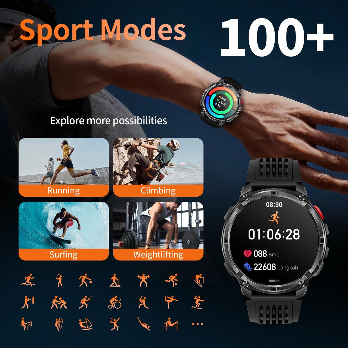 Reloj inteligente para hombre para teléfonos Android y iPhone, relojes inteligentes deportivos militares para hombres, reloj de seguimiento de actividad física con linterna/brújula/impermeable/batería