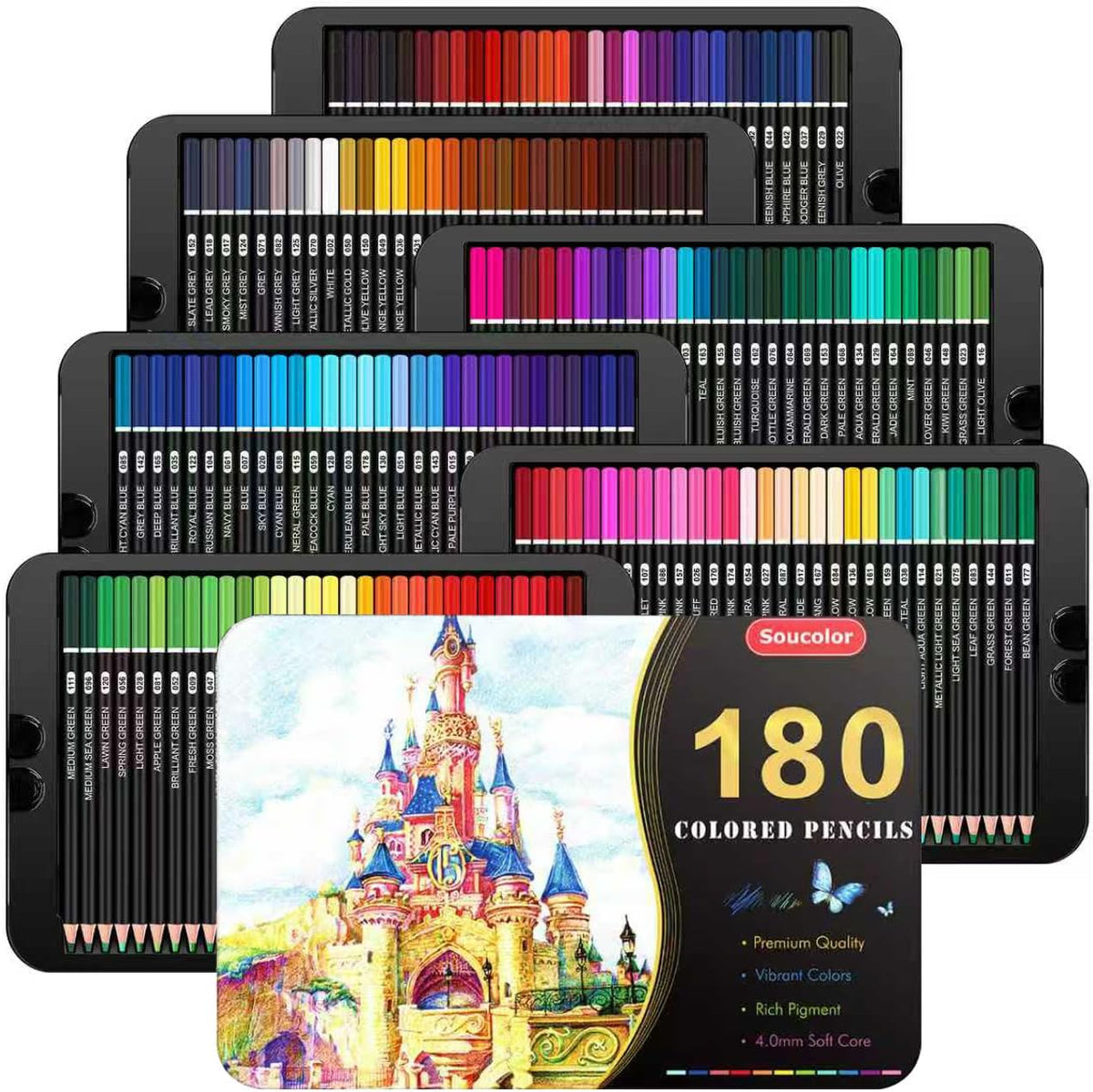 Soucolor 180 lápices de colores con caja de lata, lápices de colores para libros de colorear para adultos, juego de lápices de color de núcleo suave, suministros de dibujo para adultos, niños