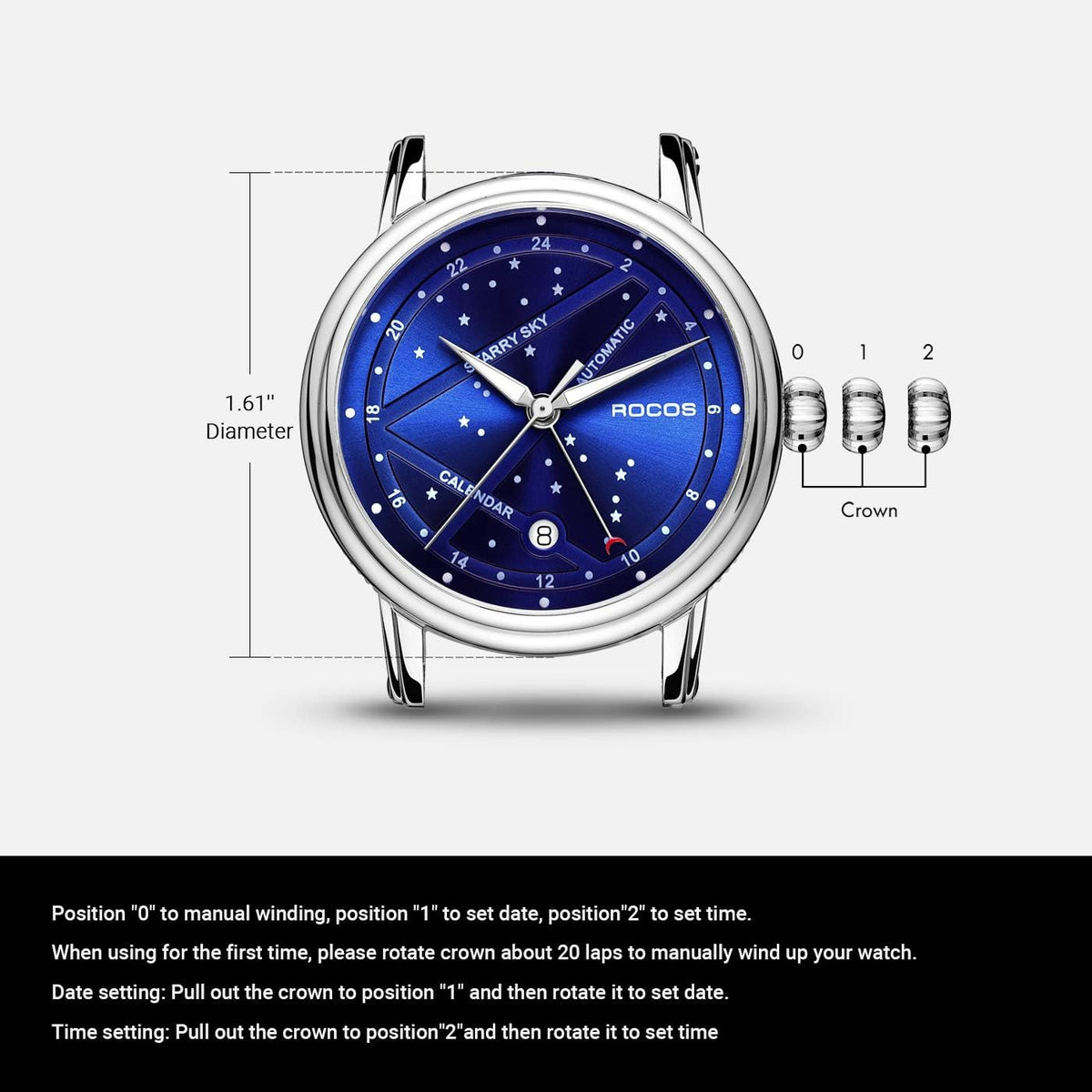 ROCOSJEWE Reloj mecánico automático de lujo para hombre, correa de cuero luminosa de cielo nocturno, impermeable, visualización de fecha, relojes de negocios de moda para hombres RW0108