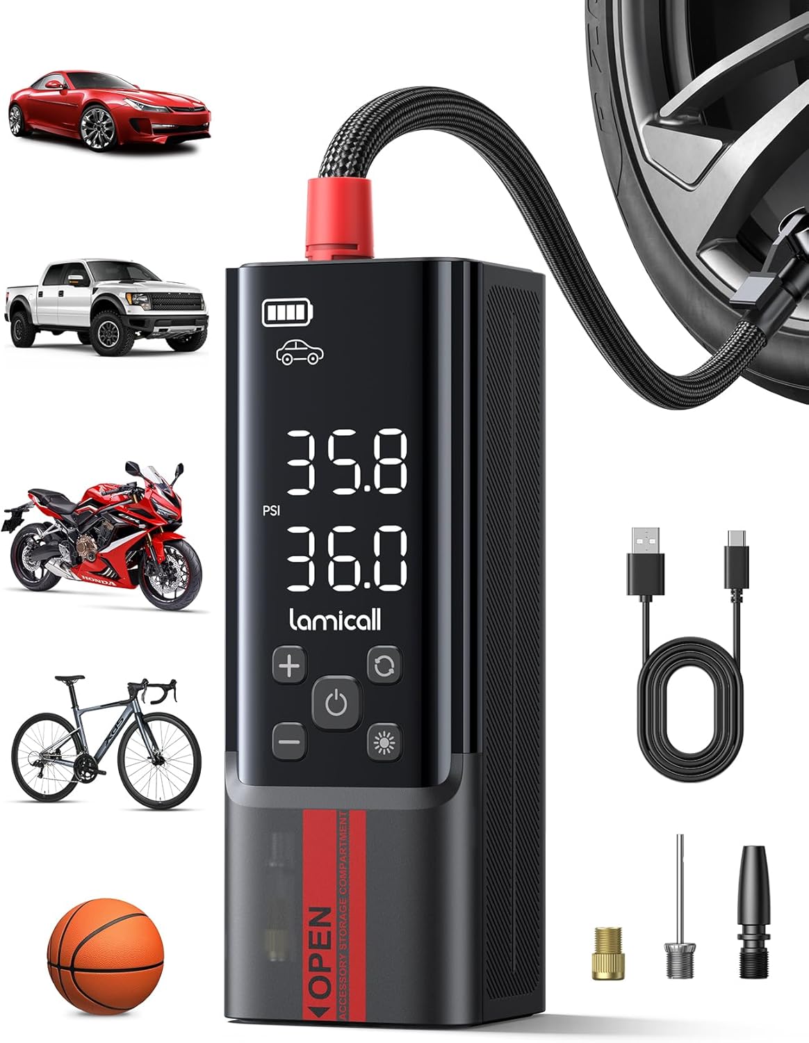 Lamicall - Compresor de aire portátil para inflador de neumáticos de automóvil, 19.7 pulgadas Hose