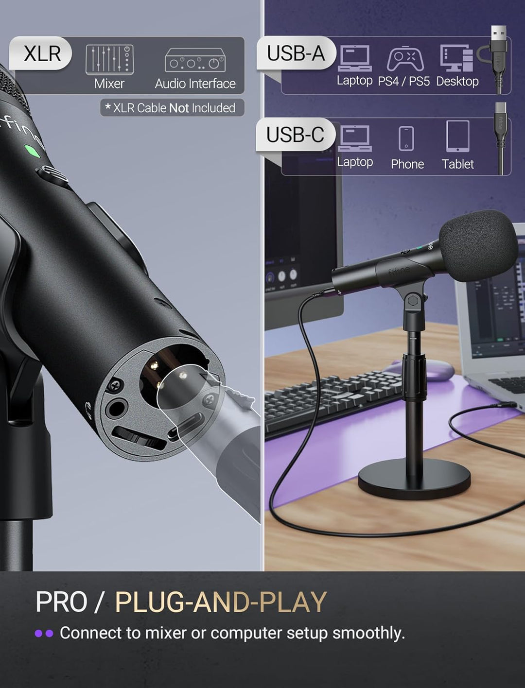 FIFINE - Micrófono dinámico USB\/XLR para grabación de podcast, jue...