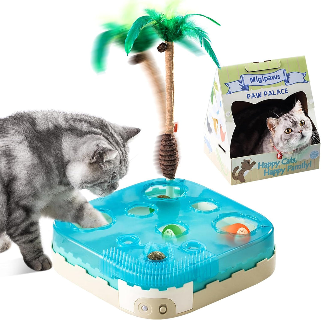 Migipaws Juguete interactivo 7 en 1 para gatos activado por movimiento, reemplazos incluidos con bola de gato de rebote automático, varita de palmera de pluma,