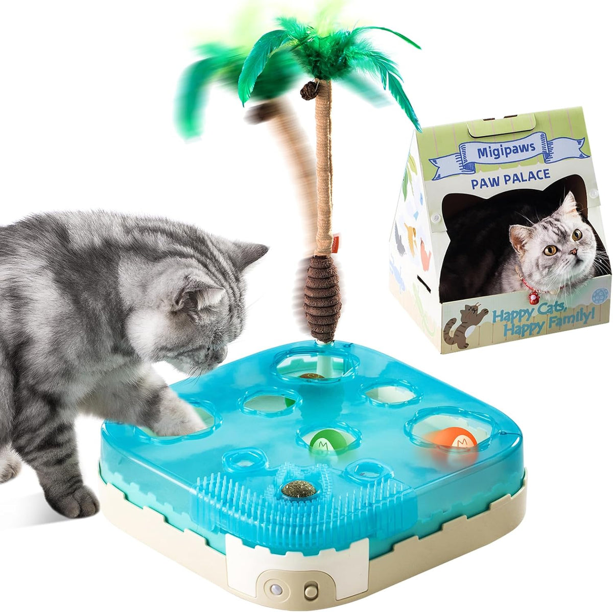 Migipaws Juguete interactivo 7 en 1 para gatos activado por movimiento, reemplazos incluidos con bola de gato de rebote automático, varita de palmera de pluma,
