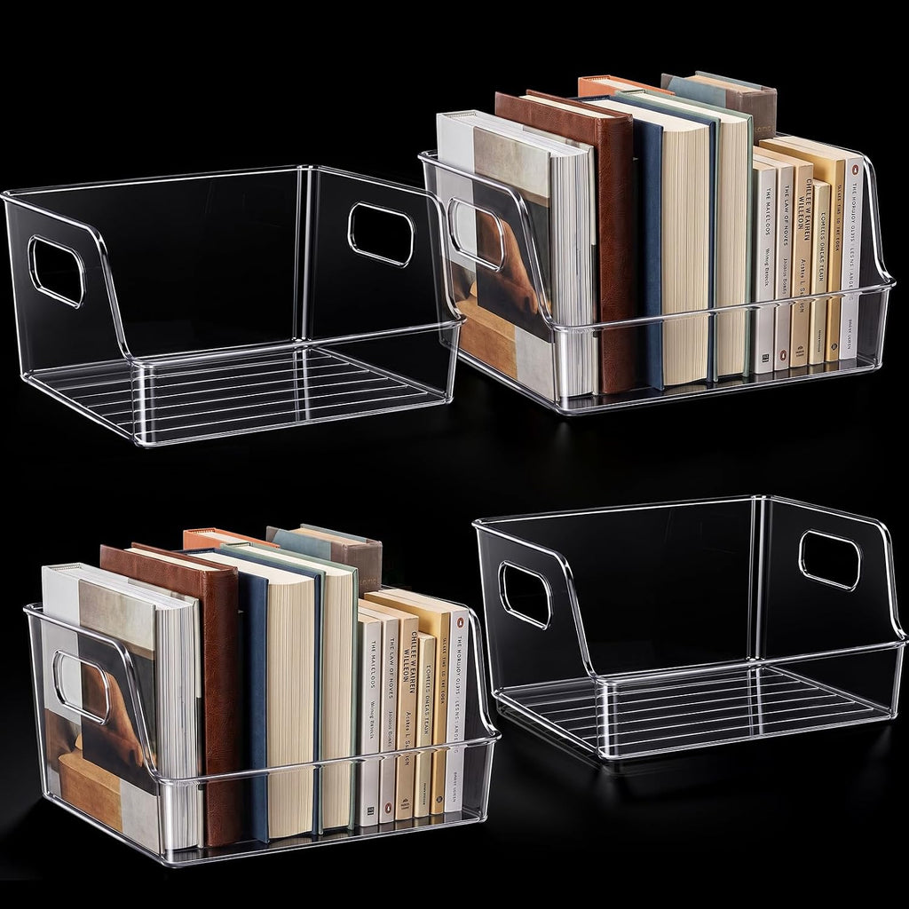 4 piezas de almacenamiento grande transparente para libros de 10 x 8.5 x 5.3 pulgadas, organizador de libros, apilable, contenedores de almacenamiento con asa, estantería de oficina, estante