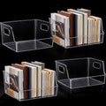 4 piezas de almacenamiento grande transparente para libros de 10 x 8.5 x 5.3 pulgadas, organizador de libros, apilable, contenedores de almacenamiento con asa, estantería de oficina, estante
