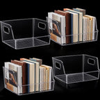4 piezas de almacenamiento grande transparente para libros de 10 x 8.5 x 5.3 pulgadas, organizador de libros, apilable, contenedores de almacenamiento con asa, estantería de oficina, estante