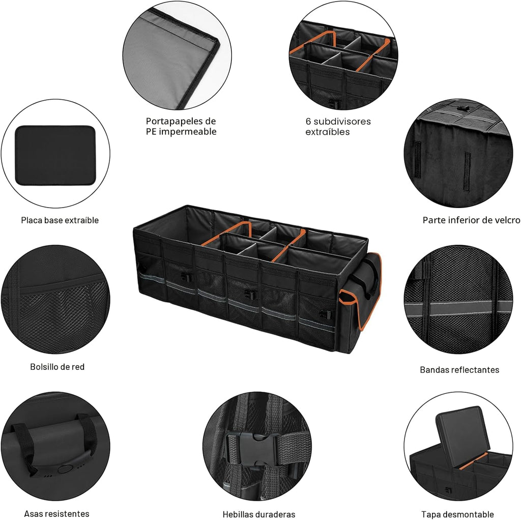 Organizador y almacenamiento para maletero de automóvil con tapa y bolsa enfriadora extraíble a prueba de fugas, accesorios para automóvil, 6 divisores extraíbles para espacio personalizado
