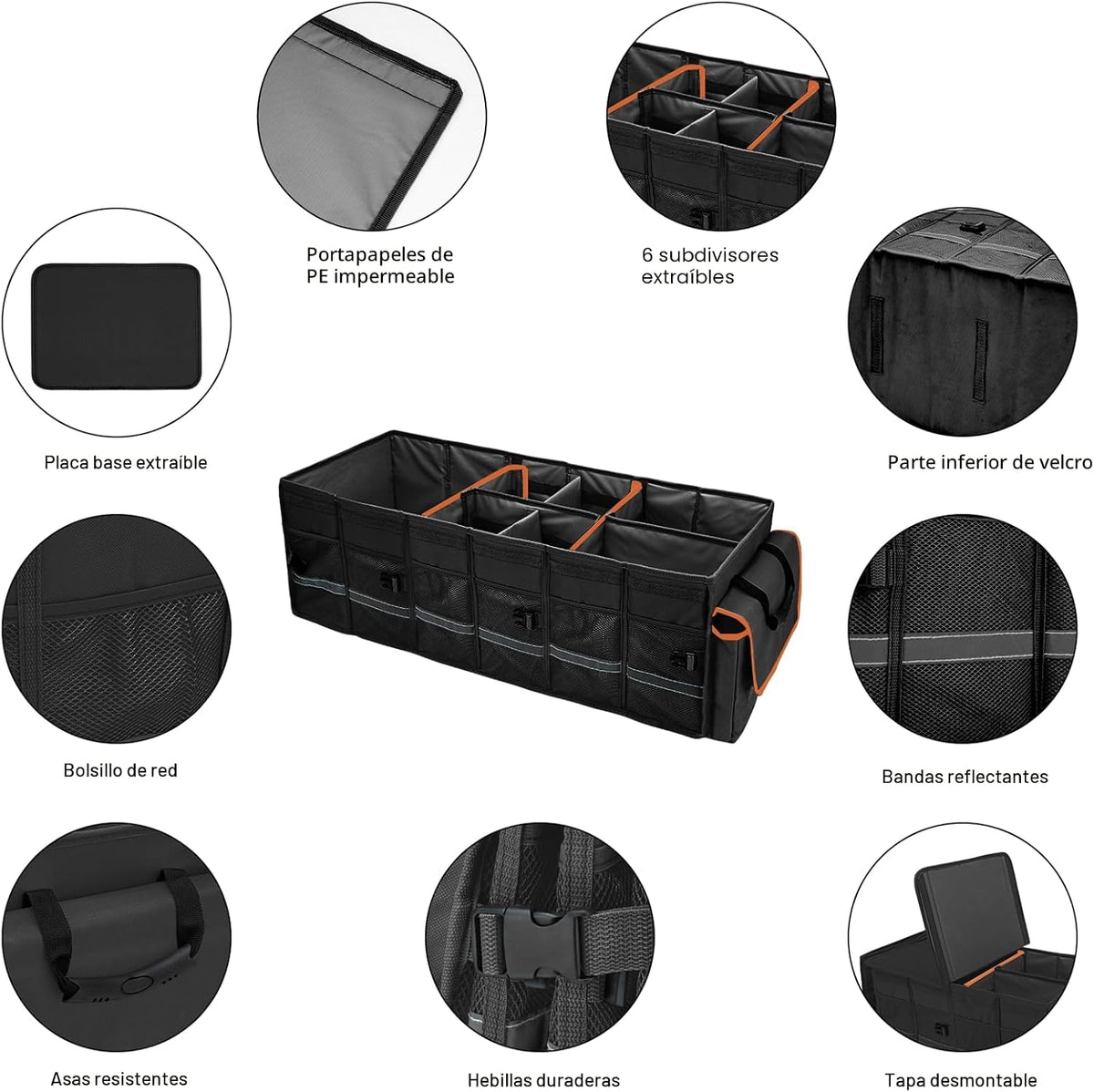 Organizador y almacenamiento para maletero de automóvil con tapa y bolsa enfriadora extraíble a prueba de fugas, accesorios para automóvil, 6 divisores extraíbles para espacio personalizado