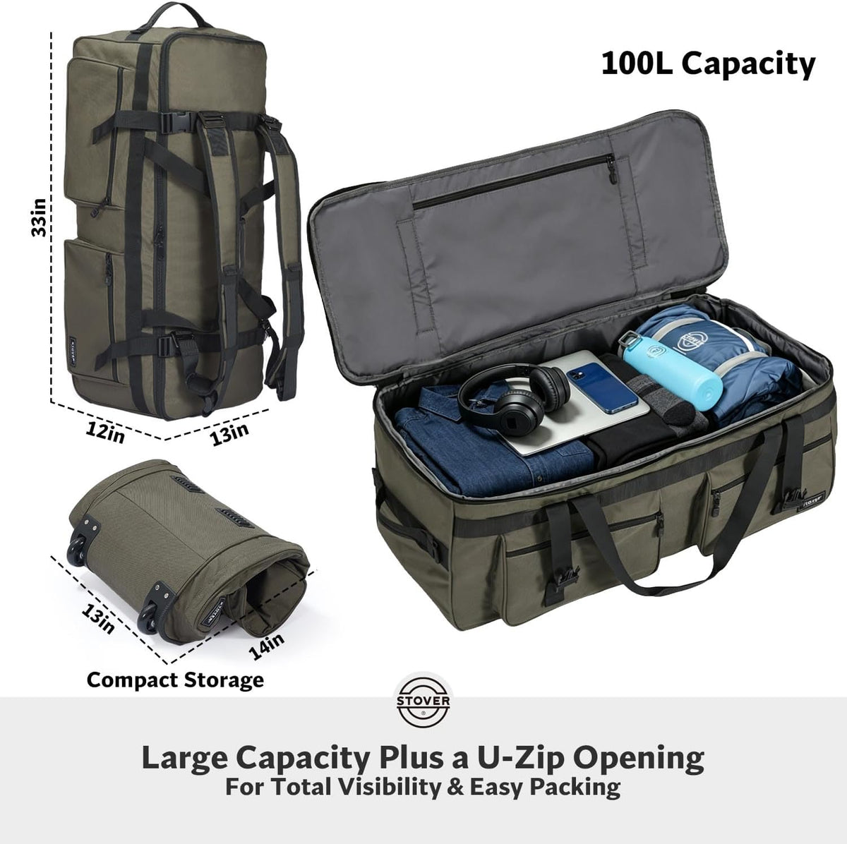 45/80/100/120L - Bolsa de lona con ruedas con cremallera en U, bolsa de viaje extragrande y duradera + bolsa de aseo personal, apertura plana, plegable con correas para el hombro