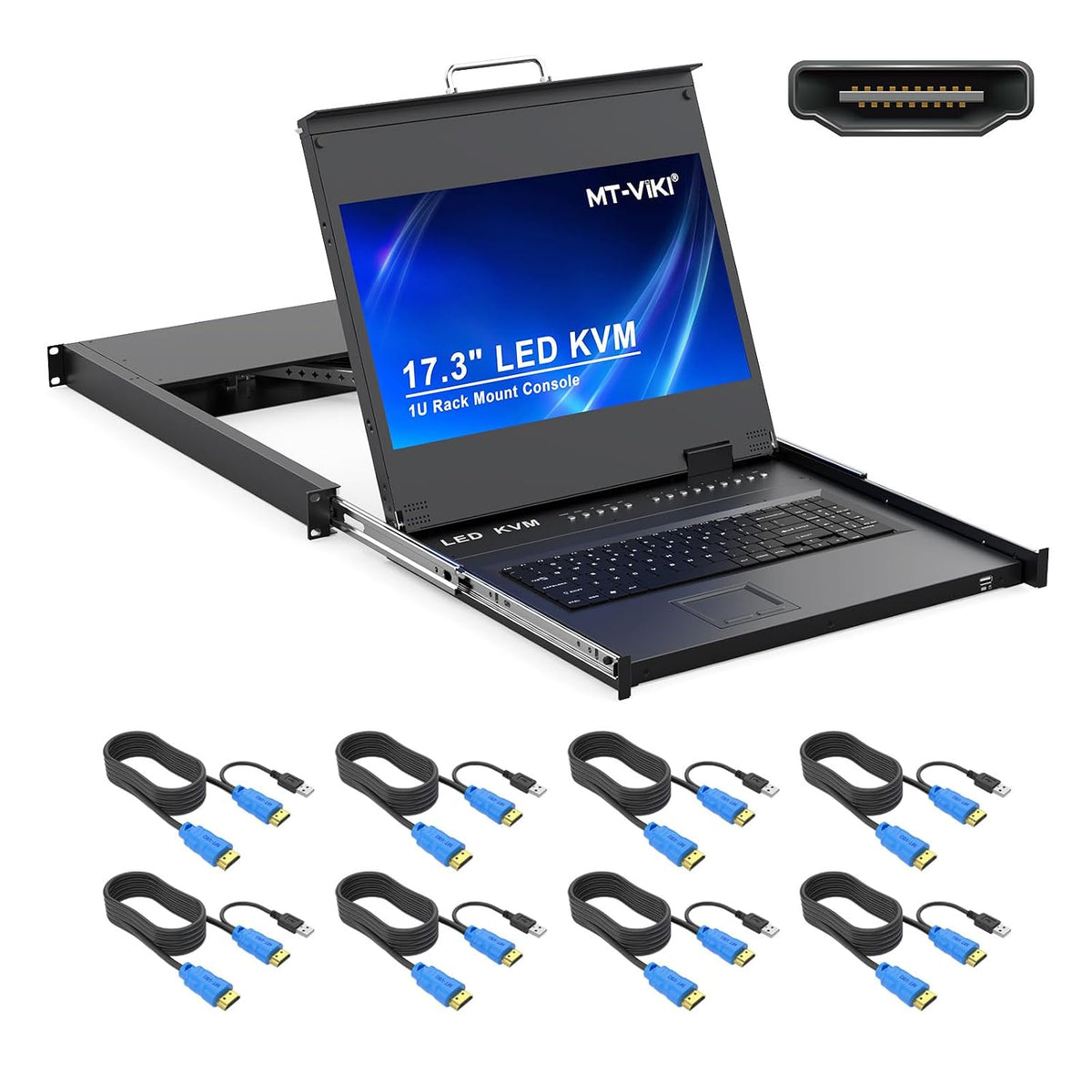 MT-VIKI® KVM - Soporte HDMI para rack con monitor LCD de 17.3 pulgadas, soporte OSD/Hotkey, incluye 8 cables KVM + teclado + panel táctil, compatible con rack de 1U de 19 pulgadas