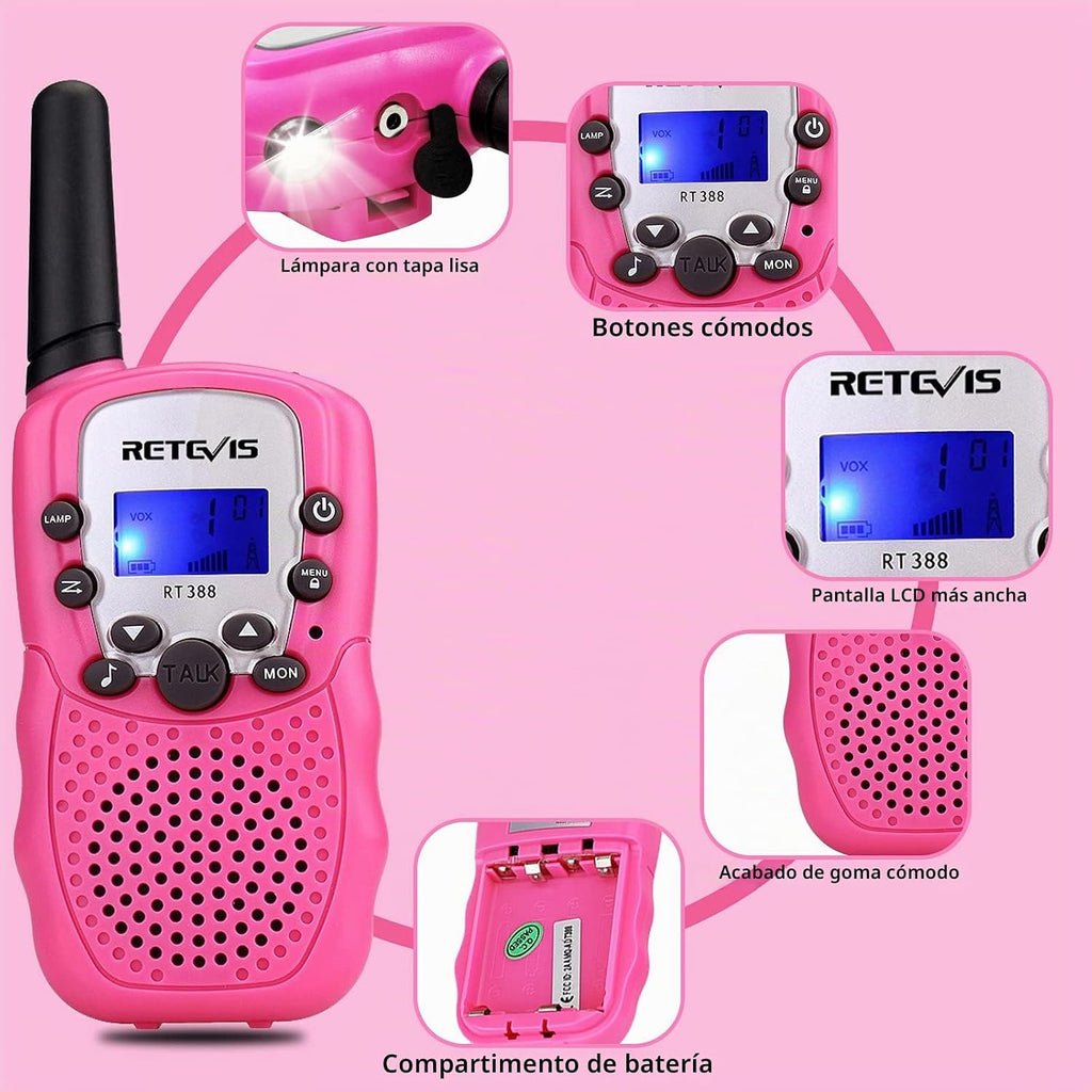 Walkie-talkie de Retevis RT-388 para niños 22 canales FRS/GMRS (1 par en rosa)