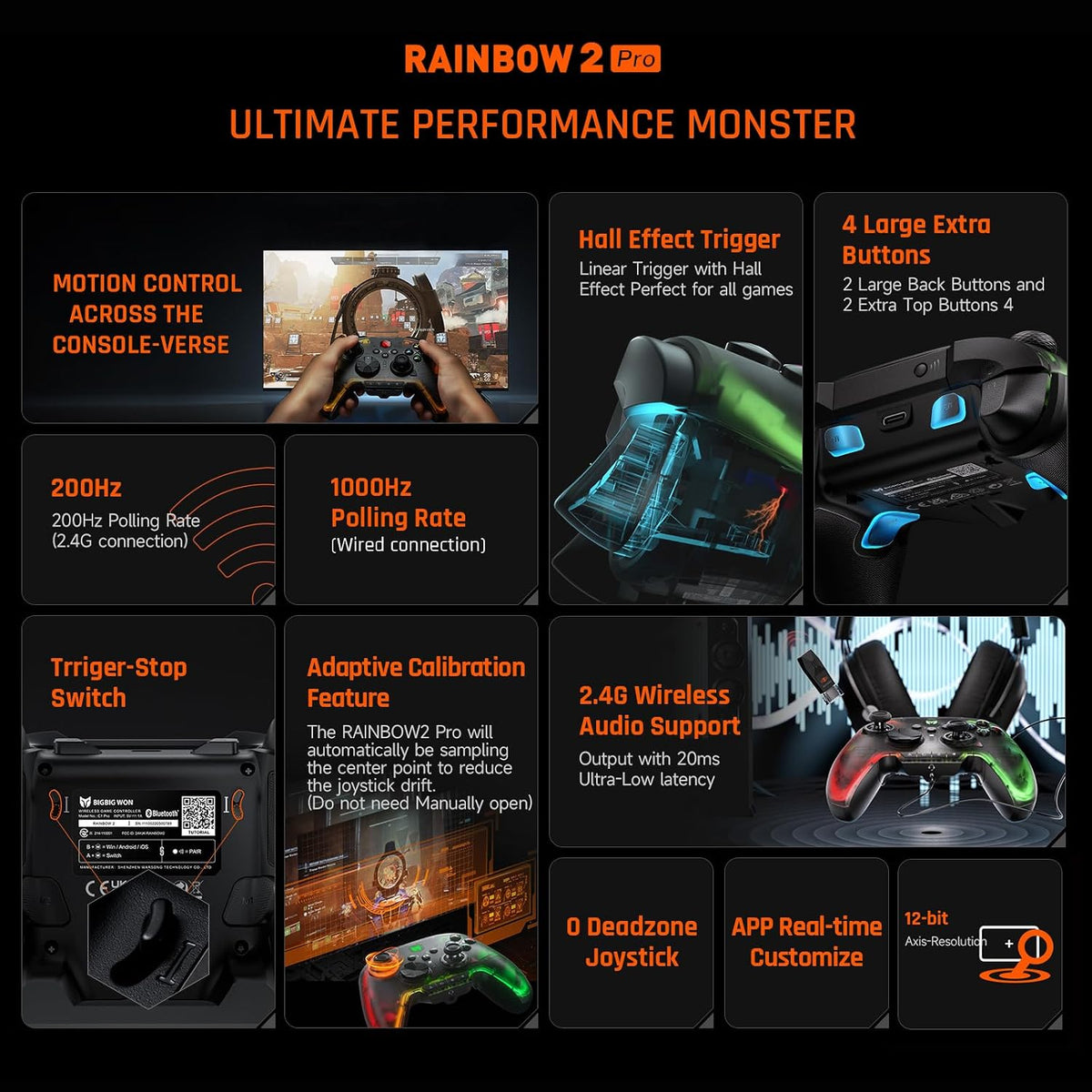 BIGBIG WON Controlador Inalámbrico, Rainbow 2 Pro Controladores para PC con Movimiento de Apuntado, Disparadores Hall, Joystick ALPS, Botón Personalizado, Audio de 3.5 mm para PC Windows/Android/iOS/Switch