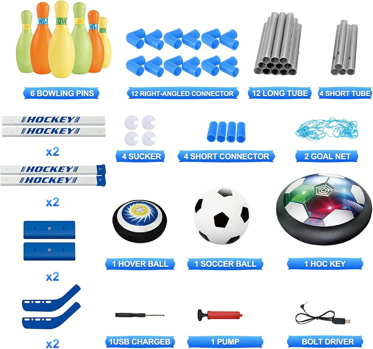 HopeRock Pelota de Fútbol Flotante 3 en 1 Juego de Hockey y Bolos, Juguetes de Interior y Exterior para Niños de 3-12 Años, Juguetes de Exterior con Luces LED, Regalos de Navidad y Cumpleaños para