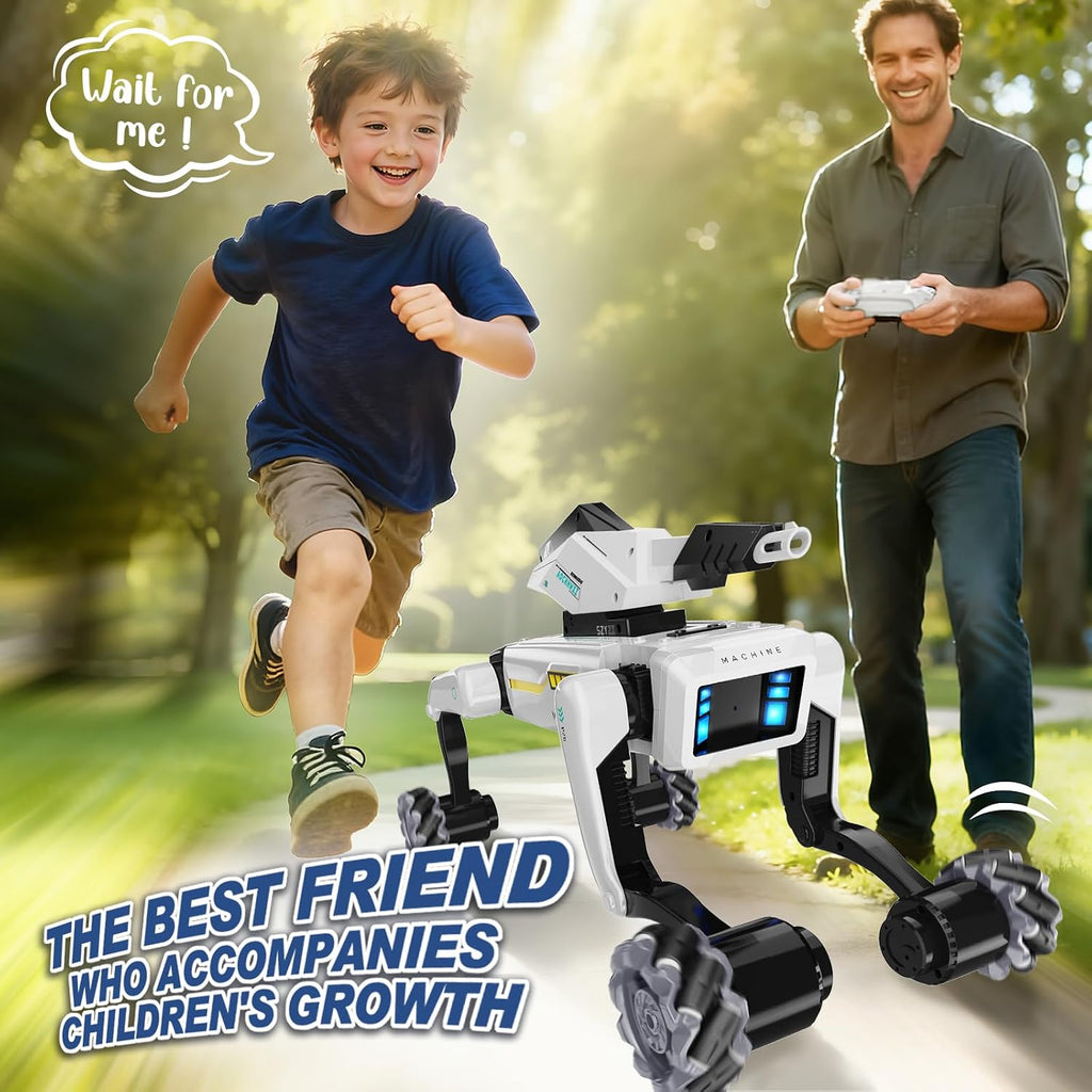 Kit de perro robot 3 en 1 con ruedas, más de 30 acciones biónicas, control de voz y control remoto, movimientos programables, batería recargable, juguete para mascotas todo terreno para niños (garra y cañón extraíbles)