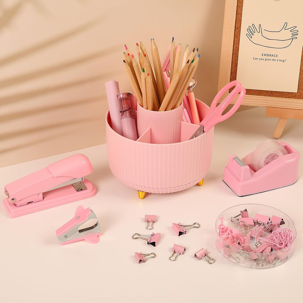 SKYDUE Accesorios de escritorio rosa 10 piezas, porta lapices giratorio para escritorio, engrapadora, removedor de grapas, dispensador de cinta, 2 piezas de recarga de cinta, juego de clips de papel