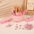 SKYDUE Accesorios de escritorio rosa 10 piezas, porta lapices giratorio para escritorio, engrapadora, removedor de grapas, dispensador de cinta, 2 piezas de recarga de cinta, juego de clips de papel