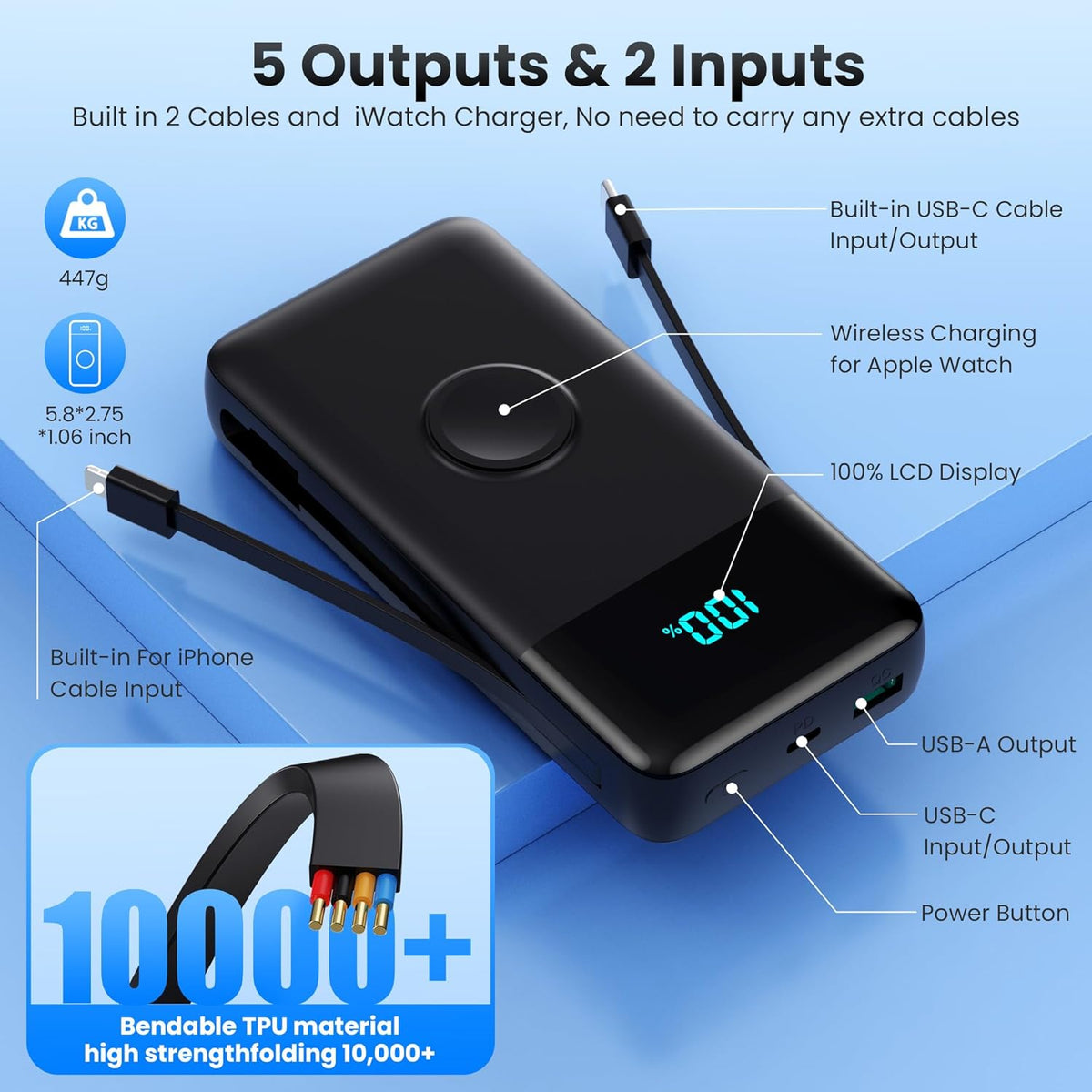 Cargador portátil de 40800mAh para iPhone con cable incorporado y c...