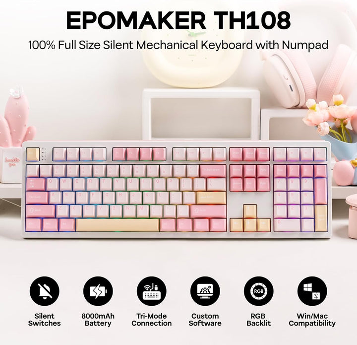 EPOMAKER TH108 Teclado mecánico de tamaño completo, teclado inalámb...