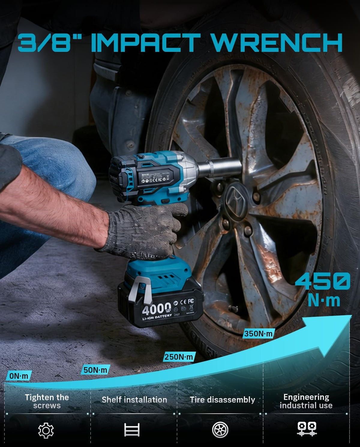 Seesii Llave de impacto inalámbrica de 3/8", pistola de impacto eléctrica con par máximo de 330 pies-libra (450 N.m), batería recargable de 4.0 Ah y 4 enchufes, llave de impacto eléctrica compacta