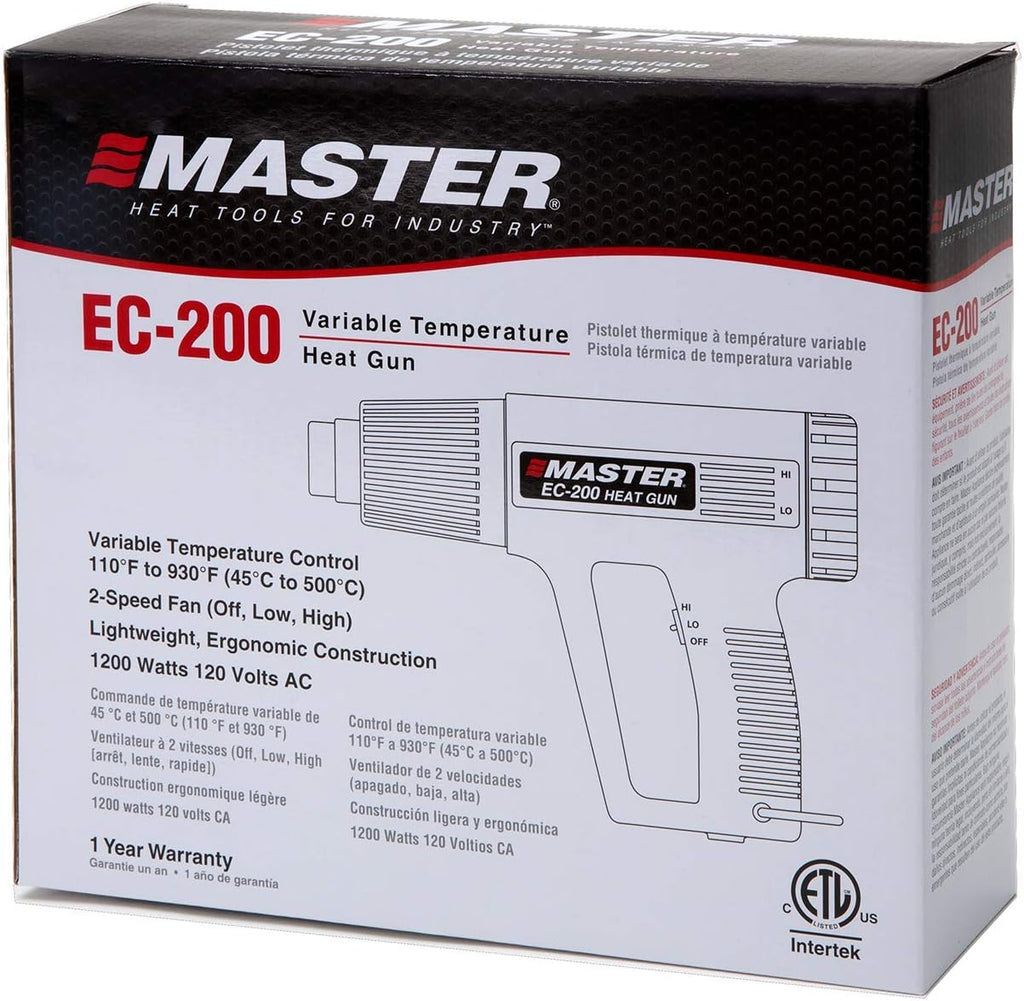 Master Appliance EC-200 Pistola de calor de temperatura variable, pistola de aire caliente, 120V, 10 amperios, 1200W, para envoltura retráctil, conectores de alambre, tubos retráctiles, manualidades