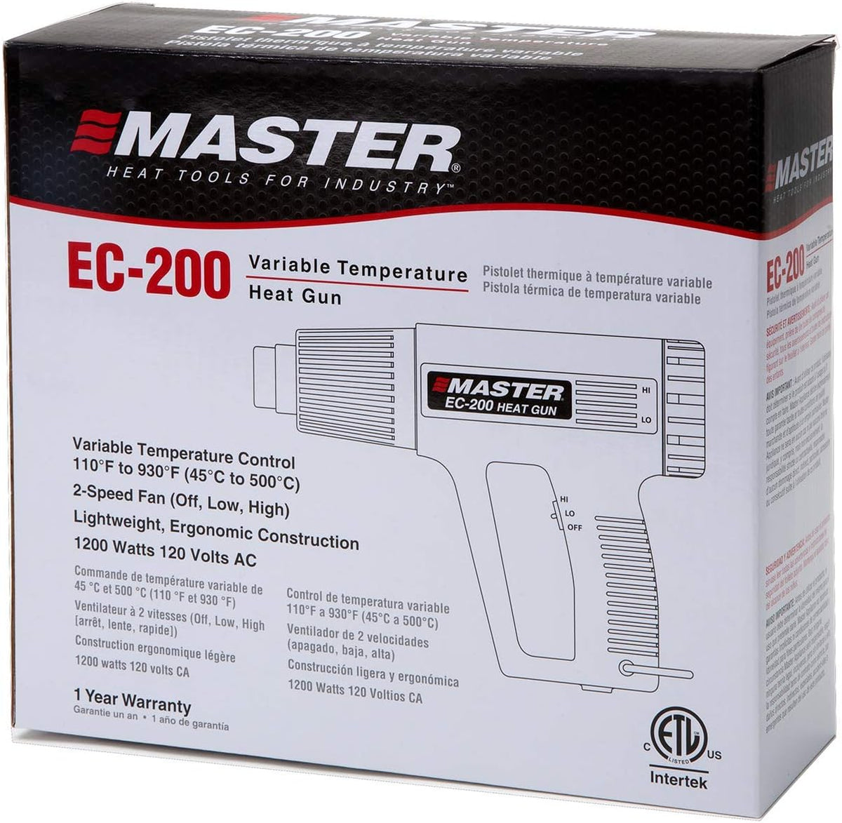 Master Appliance EC-200 Pistola de calor de temperatura variable, pistola de aire caliente, 120V, 10 amperios, 1200W, para envoltura retráctil, conectores de alambre, tubos retráctiles, manualidades