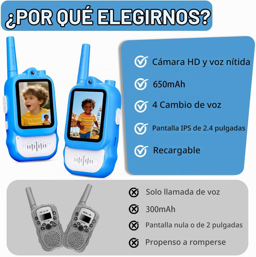 Walkie Talkies de video para niños, paquete de 2 walkie talkies recargables con pantalla a color HD, video en tiempo real, juguetes de campamento al aire libre y regalos de cumpleaños para