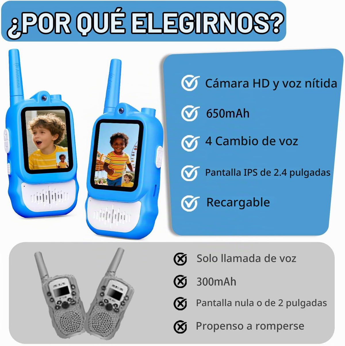 Walkie Talkies de video para niños, paquete de 2 walkie talkies recargables con pantalla a color HD, video en tiempo real, juguetes de campamento al aire libre y regalos de cumpleaños para