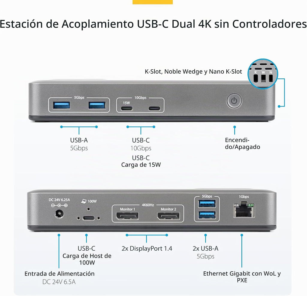 StarTech Dock USB-C Dual 4K 60Hz DisplayPort sin controladores, 100W, GbE, BYOD