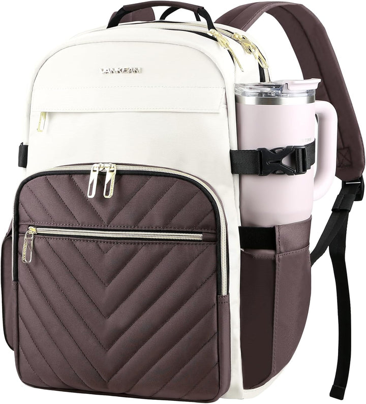 VANKEAN Mochila para laptop para mujer, Beige-café, 17,3 pulg., Moc...