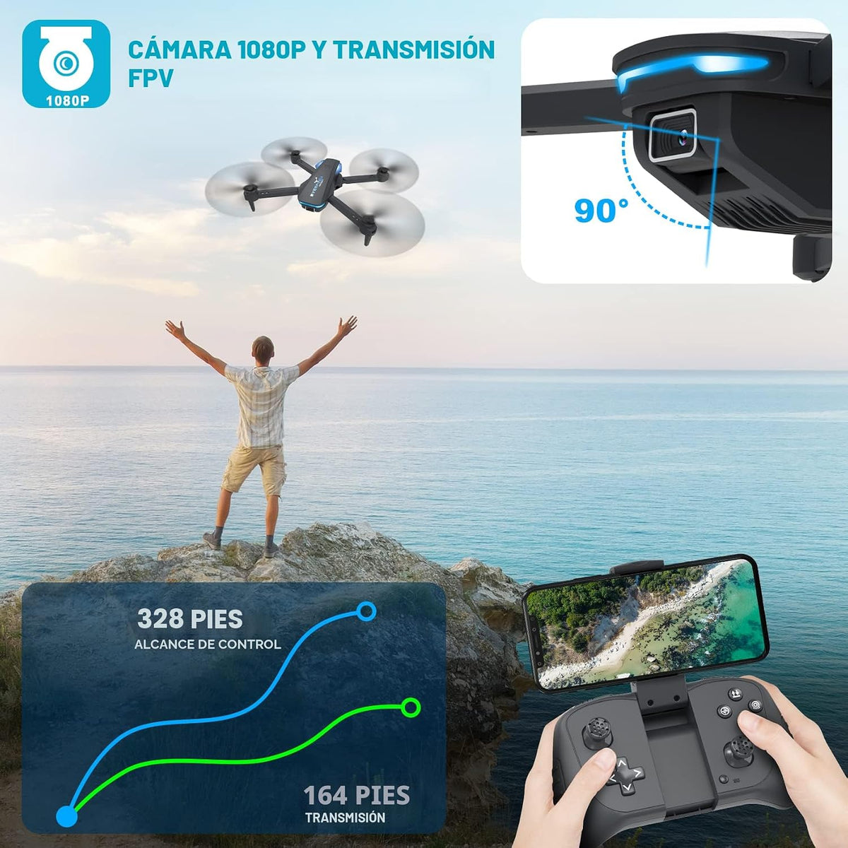 Dron con cámara de 1080P para principiantes y adultos, cuadricóptero plegable con control remoto y control de voz, opción de gestos para tomar selfies, control de altitud, inicio con una tecla