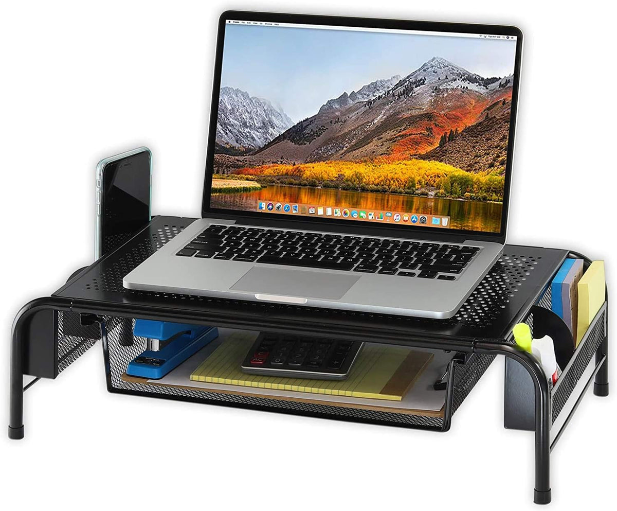 Simple Houseware Base Metálica Elevadora para Monitor de Escritorio con Cajón Organizador, Negro