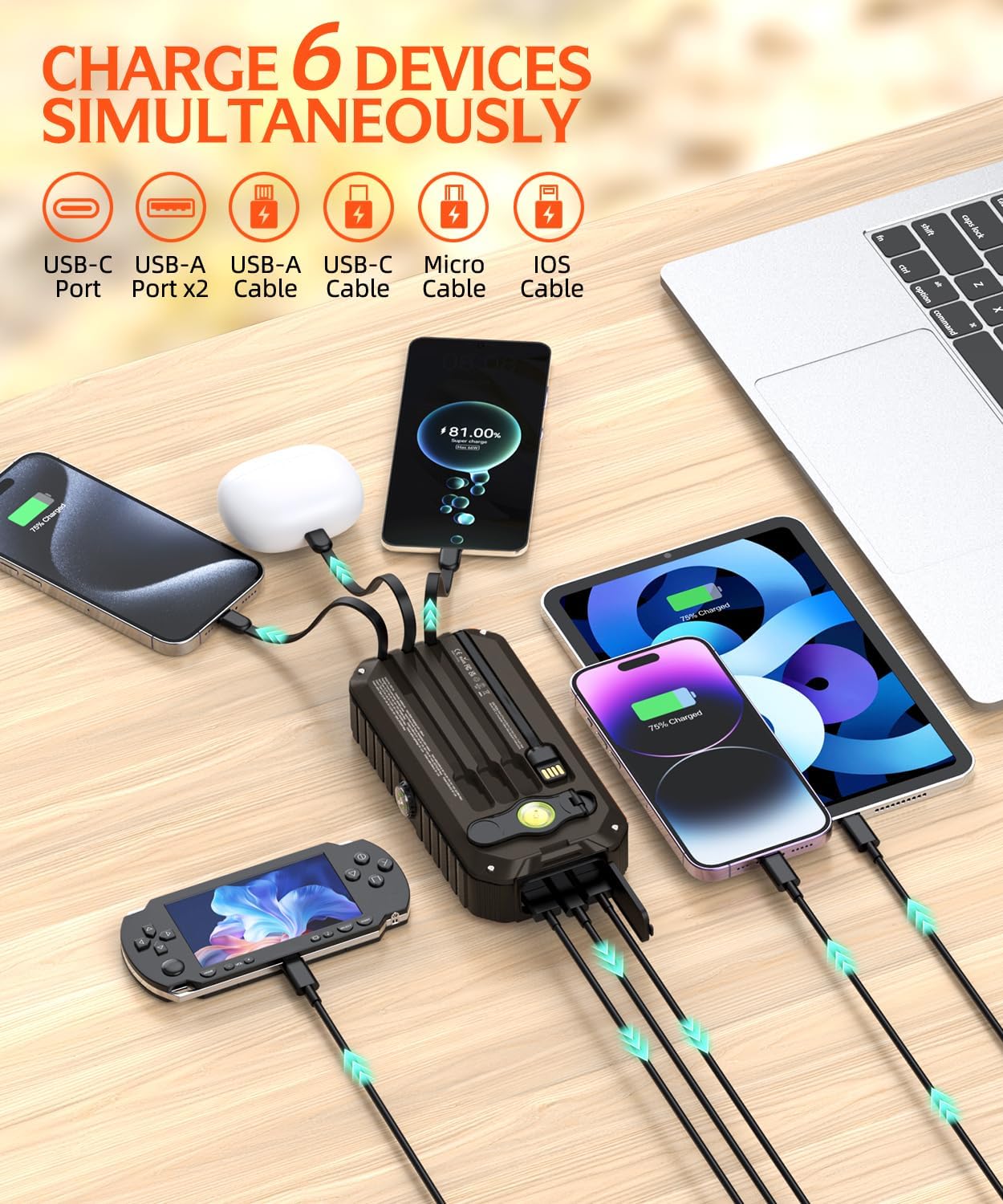 QiSa Cargador solar de 40000 mAh, 4 cables integrados y manivela, c...