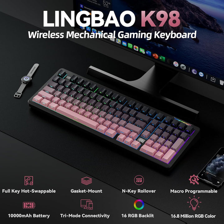 LINGBAO K98 - Teclado mecánico inalámbrico al 96%, triple modo BT5....