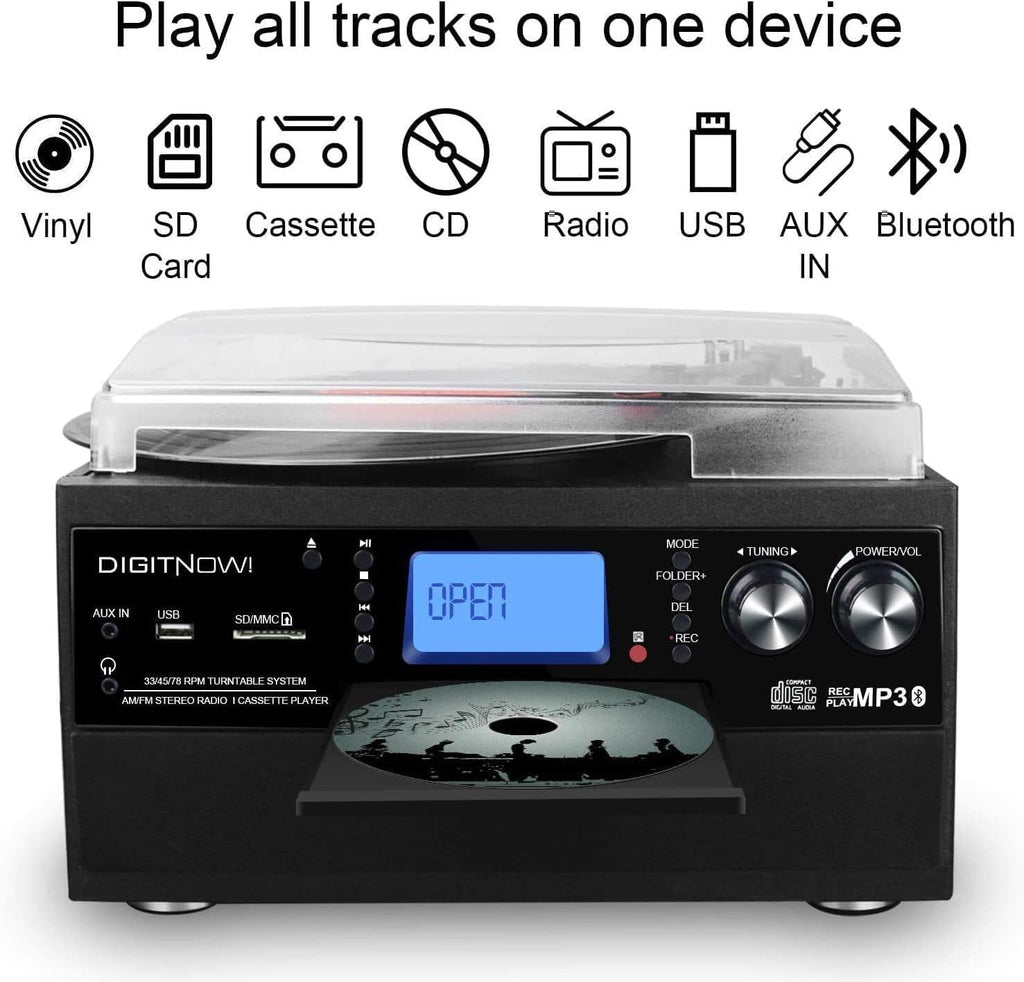Tocadiscos Bluetooth 10 en 1 con altavoz incorporado, reproductor de discos de vinilo, casete de CD y radio FM, AUX en USB grabación MP3 conector de auriculares, sistema estéreo compacto para