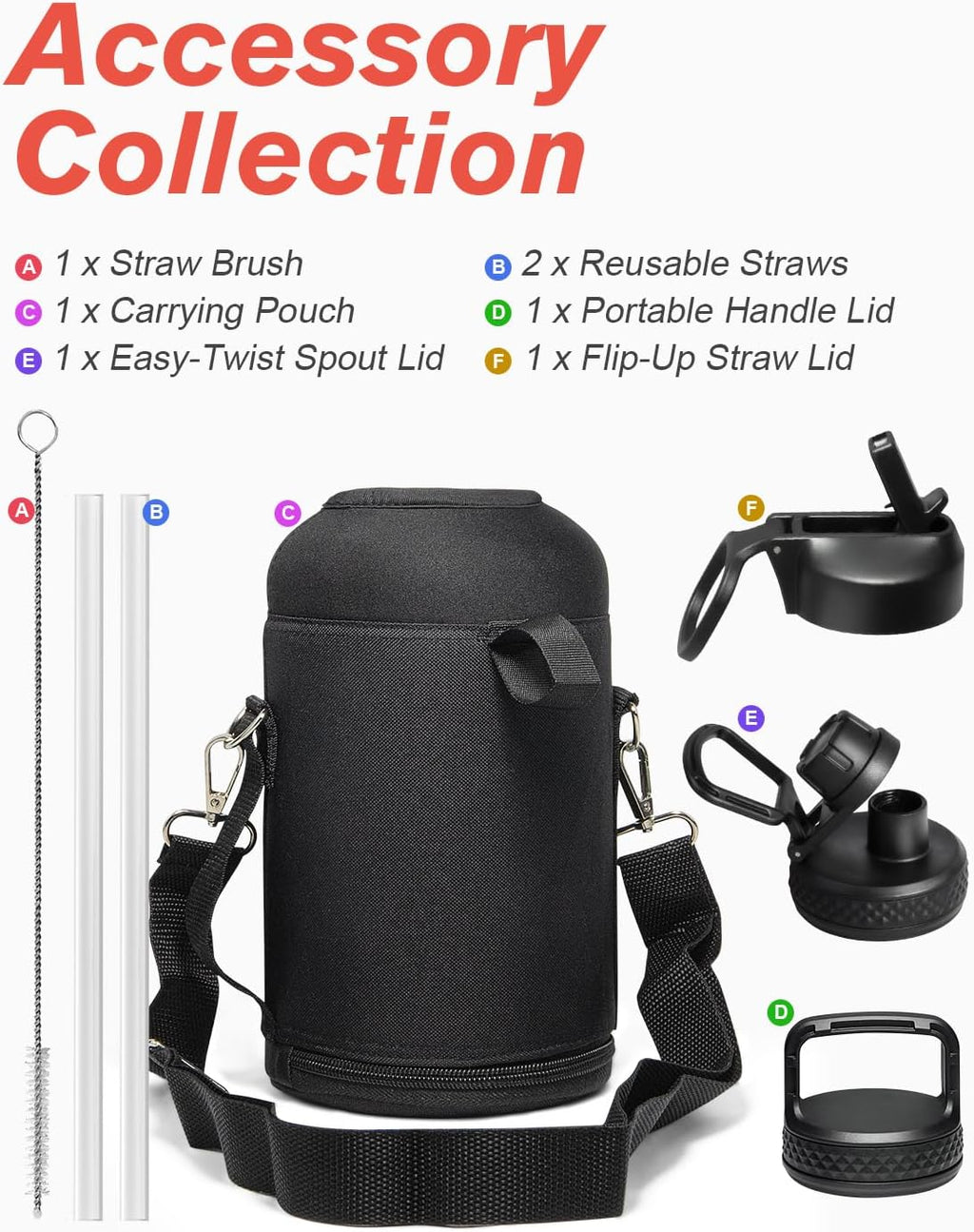 Coolflask botella de agua térmica de 64 onzas con tapa con popote y tapa con boca, botella de agua de medio galón con boca ancha, evita la condensación, sin bisfenol A, mantiene las bebidas frías durante 48 horas o calientes durante 24 horas, color negro