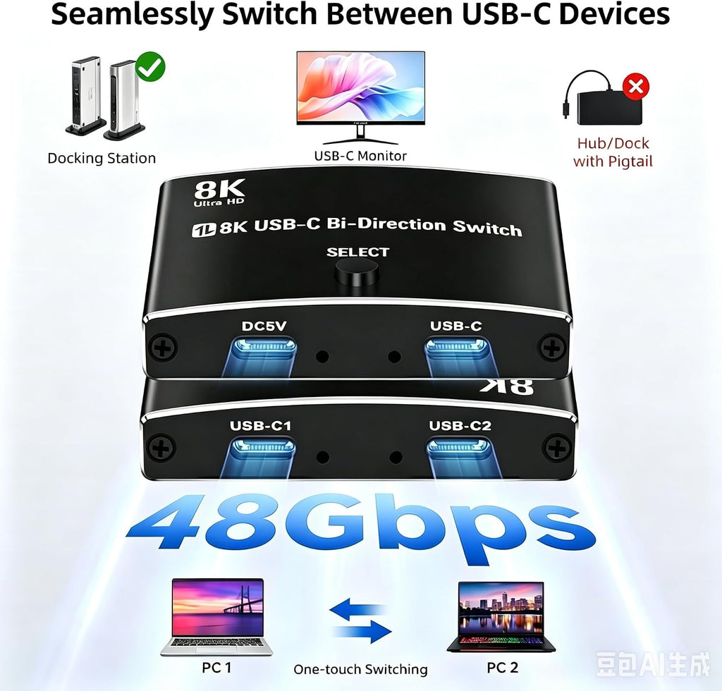 Interruptor USB C de 40 Gbps para 2 computadoras, Conmutador USBC,2 cables