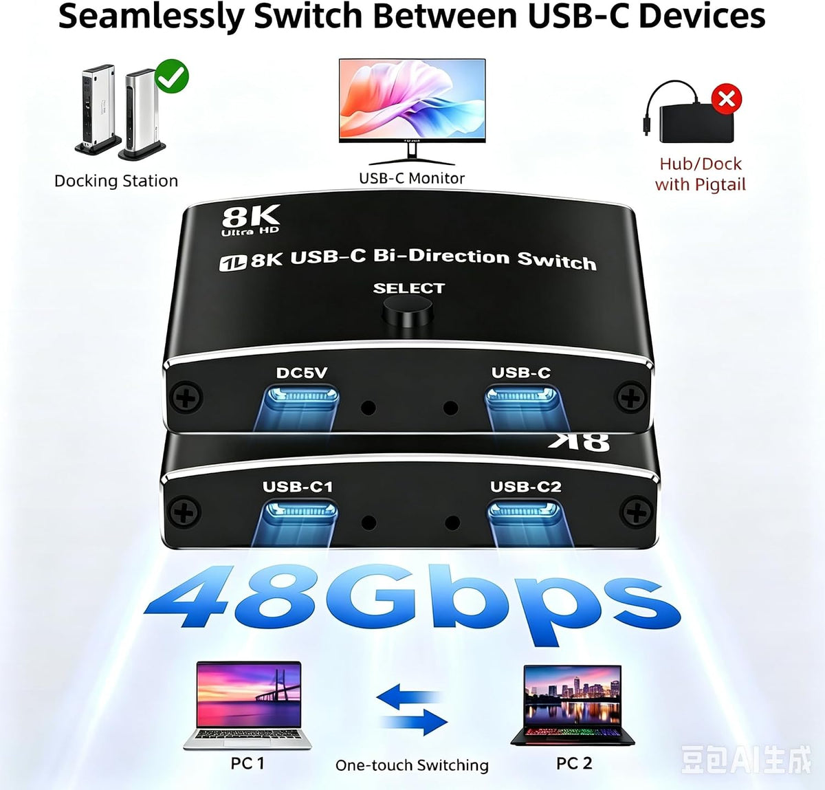 Interruptor USB C de 40 Gbps para 2 computadoras, Conmutador USBC,2 cables