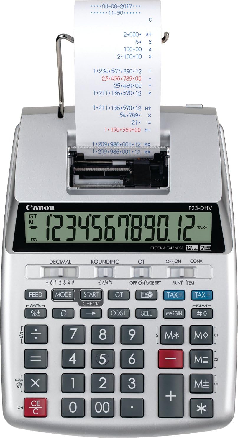 Canon Calculadora de impresión P23-DHV-3 con función de doble comprobación, cálculo de impuestos, conversión de moneda, blanco