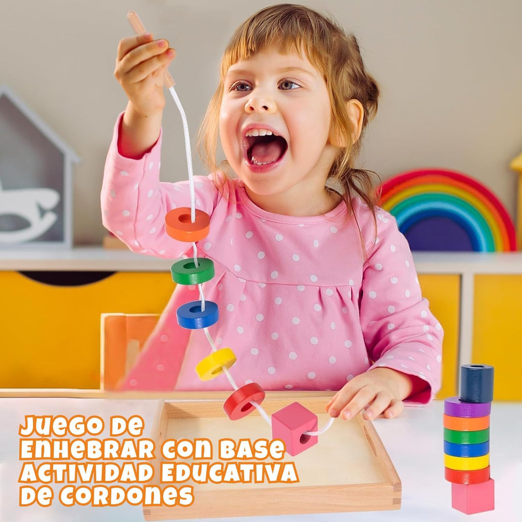 Adena Montessori - Juego de cuentas de madera con bandeja, 1-3 años