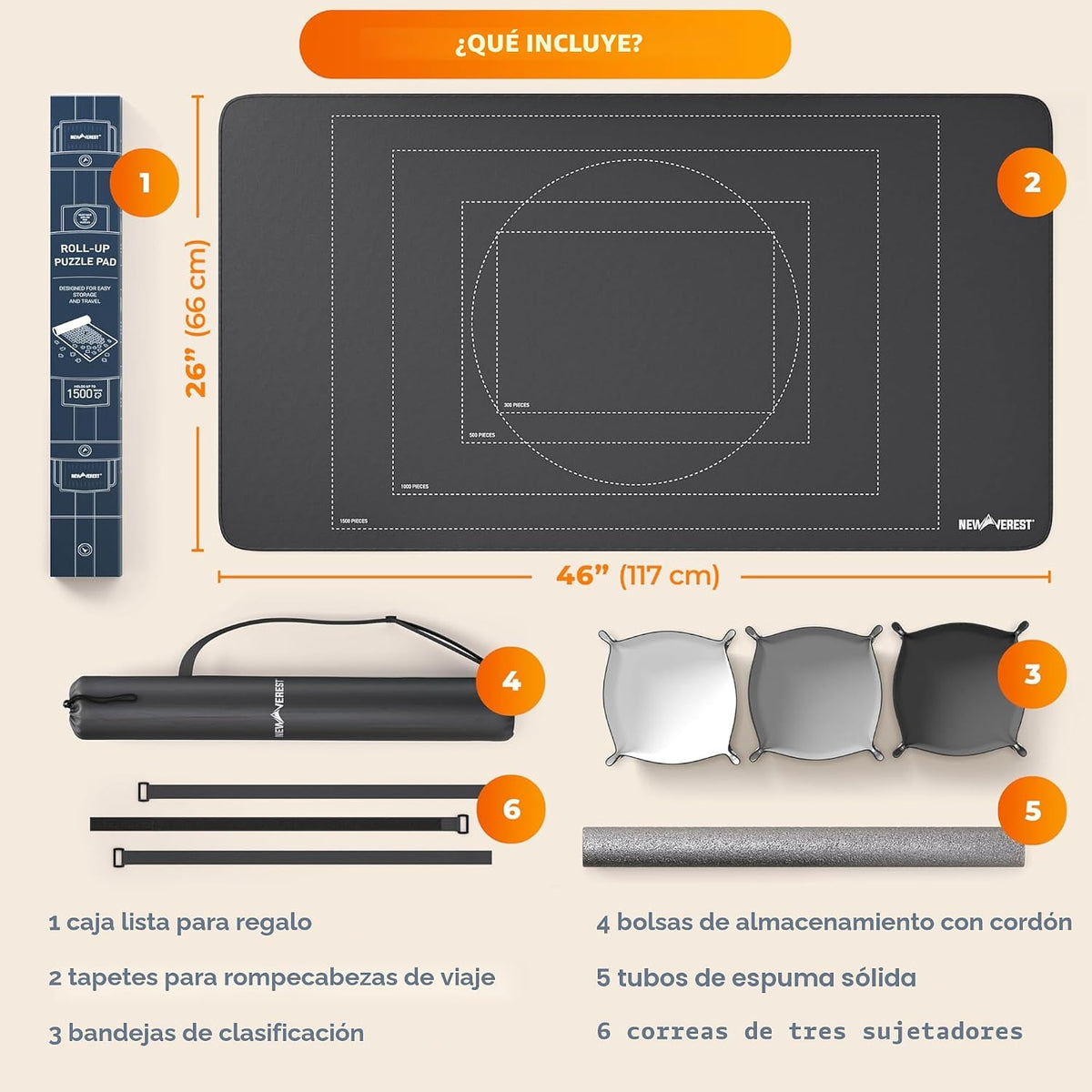 La alfombrilla original enrollable Newverest para rompecabezas, almohadilla ahorradora de 46" x 26" portátil para hasta 1500 piezas con fondo de goma antideslizante y parte superior lisa + 3 bandejas