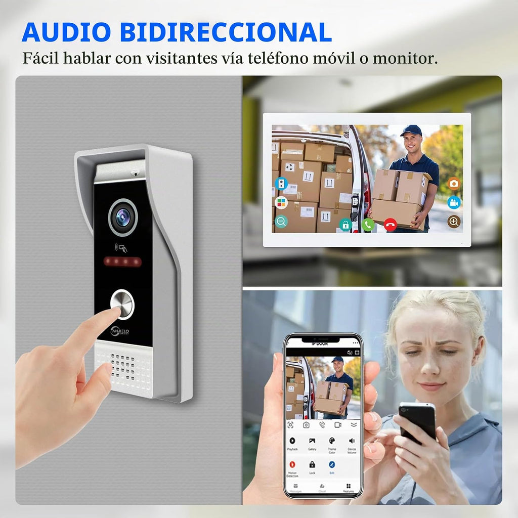 ANJIELO SMART Timbre de video con cable con monitor interior, sistema de portero de video, cámara de entrada de puerta cableada con audio bidireccional, detección de movimiento, desbloqueo remoto para
