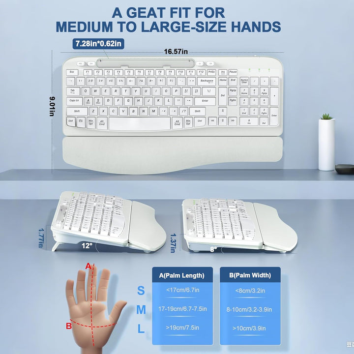 Teclado inalámbrico ergonómico con reposamuñecas acolchado, teclas...