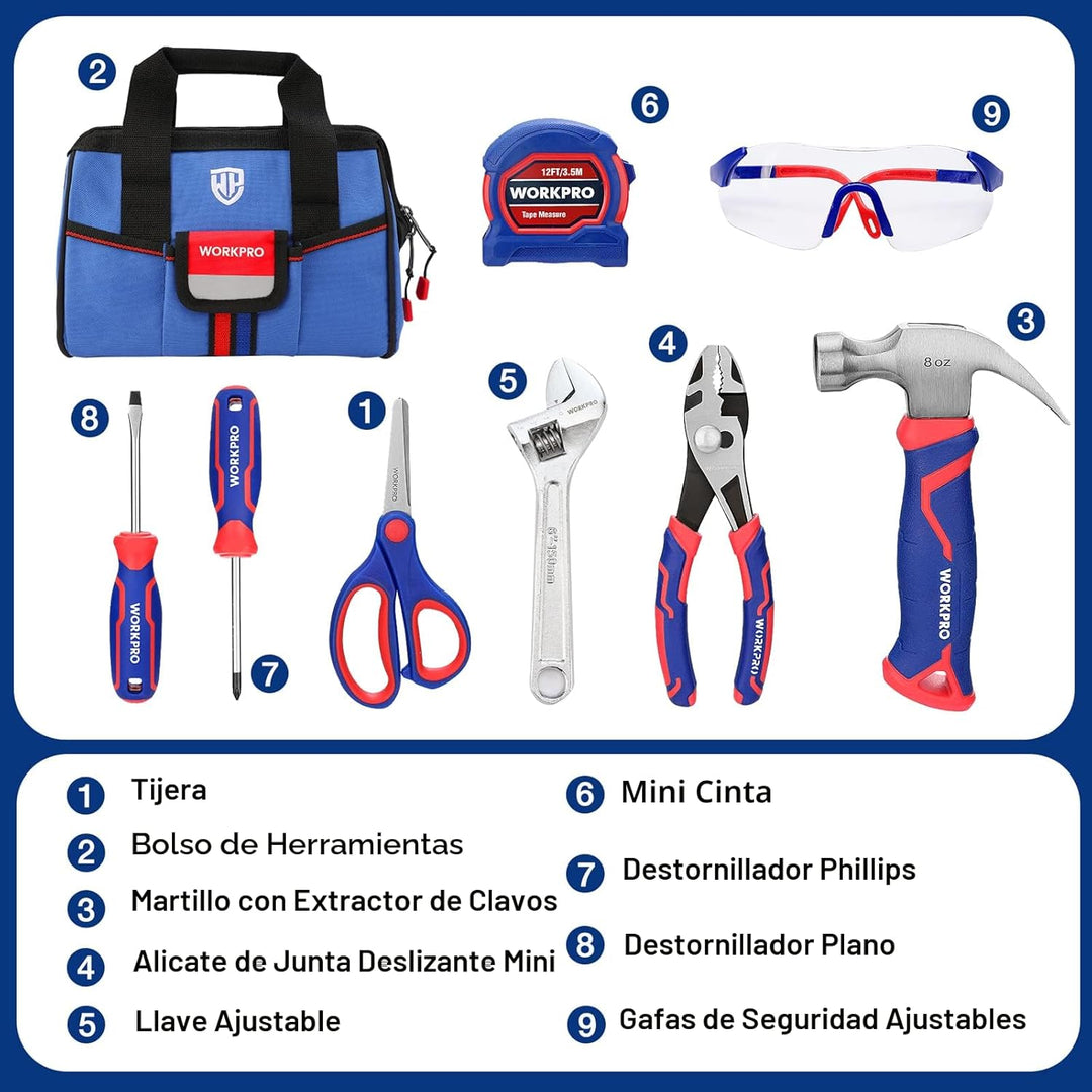 WORKPRO Juego de herramientas de mano para niños de 9 piezas, kit d...