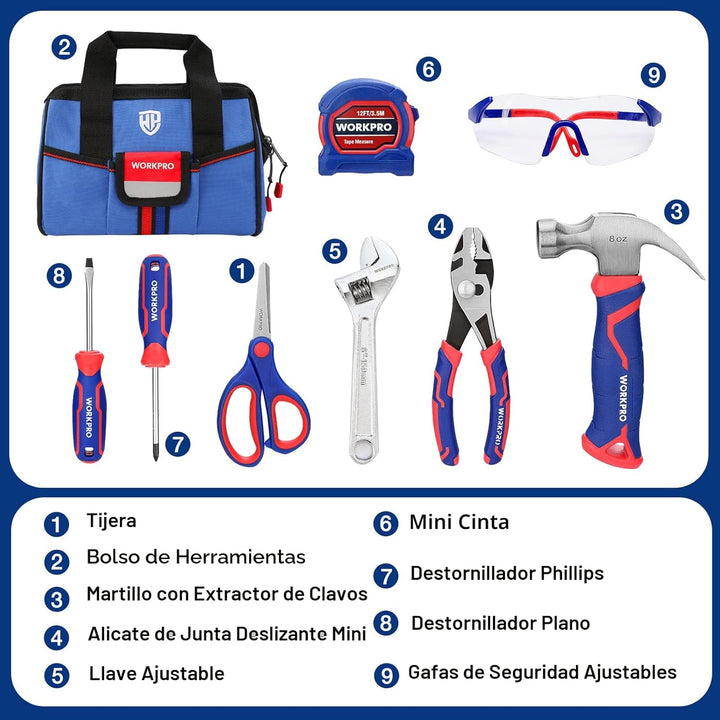 WORKPRO Juego de herramientas de mano para niños de 9 piezas, kit d...