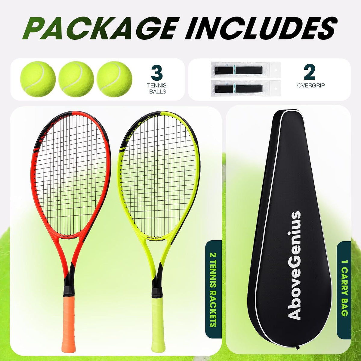Paquete de 2 raquetas de tenis neón para adultos, juego de raquetas de tenis de aluminio ligeras de 27 pulgadas con 3 pelotas y bolsa, acabado mate vibrante de alta visibilidad para