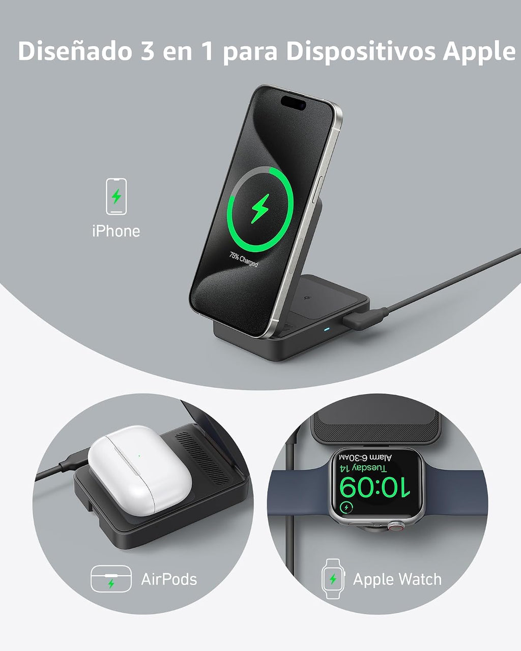 Anker MagGo - Estación de carga plegable Qi2 de 15 W compatible con MagSafe 3 en 1