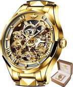 OLEVS Relojes automáticos para hombre esqueleto dorado acero inoxidable